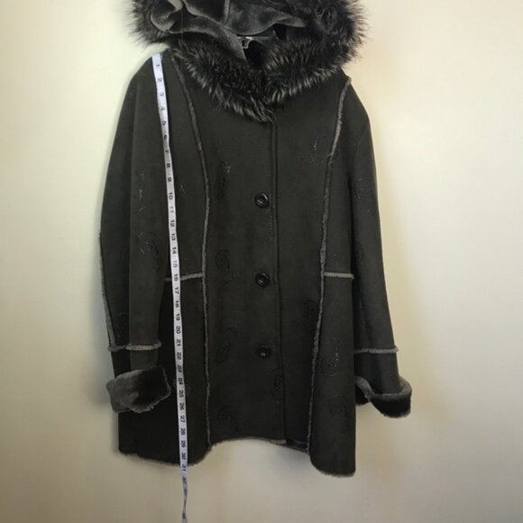 PIZAZZ  Vintage Y2K Faux Fur Shearling Hood Paisley Coat Jacket Cozy Fur Lined L - Picture 8 of 16